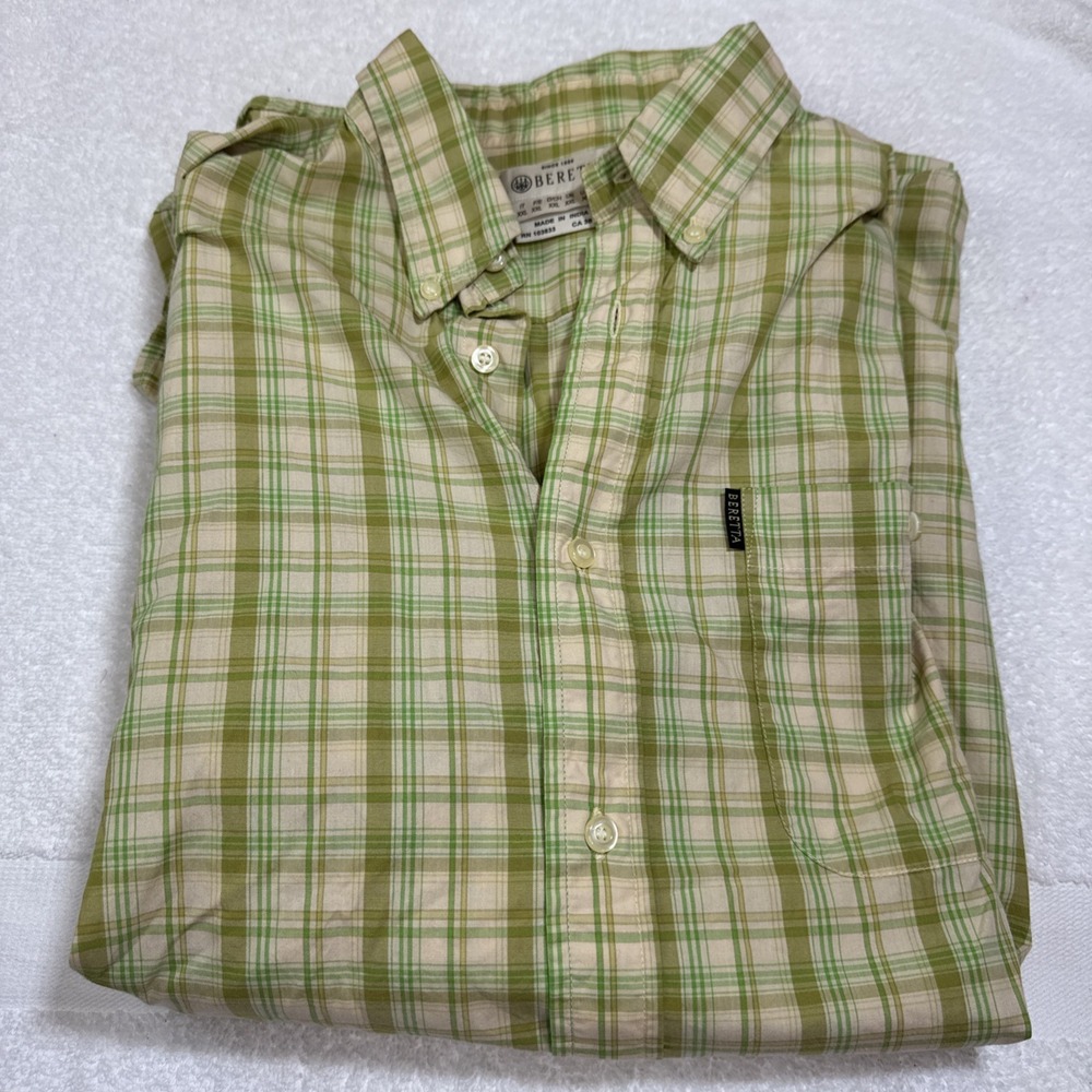 Beretta Shirt Mens XL Button Down Green Plaid Long Sleeve Collared 100% Cotton